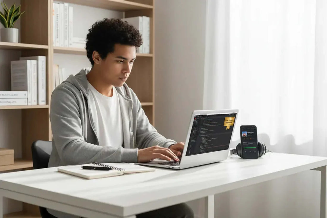 Focused student using online learning resources for coding and IT skills development at home workspace