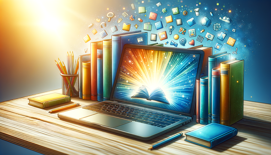 open laptop with books and glowing icons on a bright, modern desk