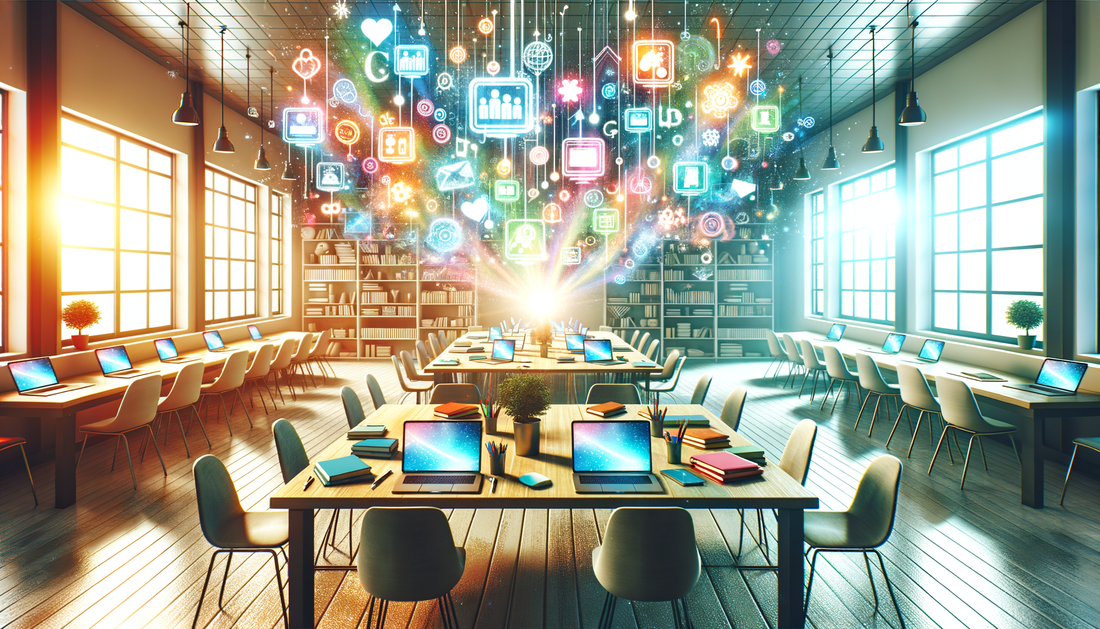 bright workspace with laptops and colorful notebooks under soft natural sunlight