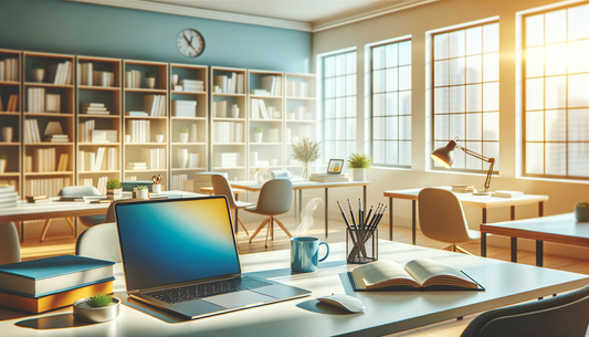 sunlit modern desk with open books, laptop, and coffee mug in vibrant colors