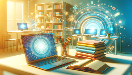 sunlit workspace with laptop, colorful books, and glowing screens, clean and vibrant