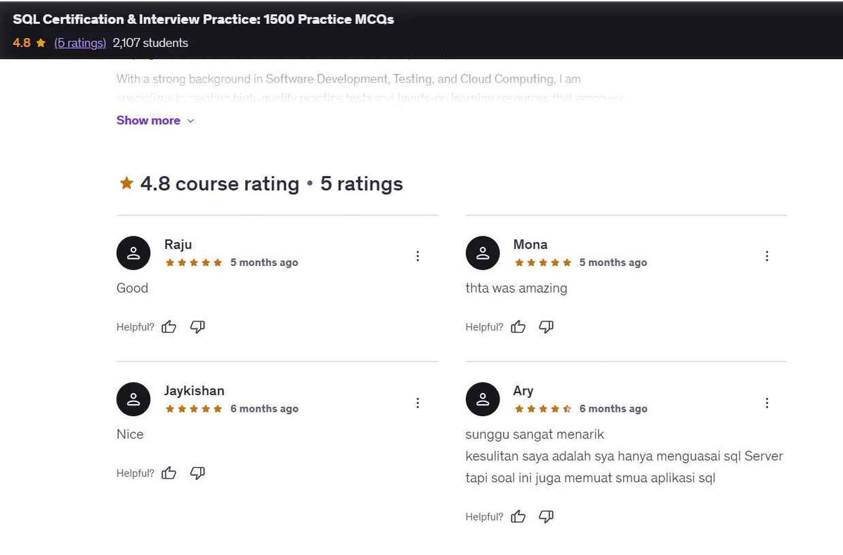 SQL certification practice course reviews showing 4.8 rating and positive student feedback