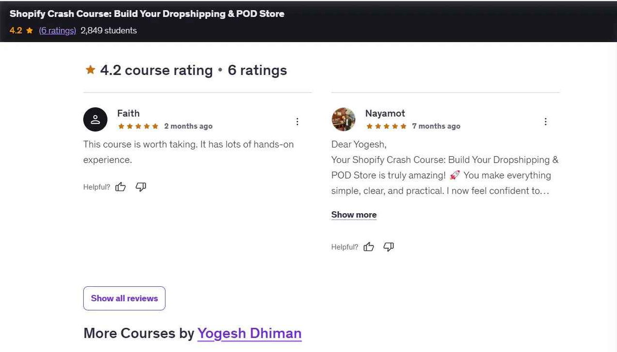 Shopify dropshipping course reviews with 4.2 star rating and student feedback