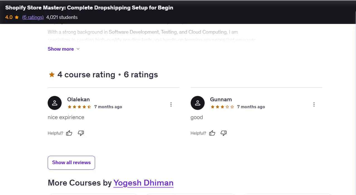 Screenshot showing Shopify Store Mastery dropshipping course with 4-star rating, student reviews, and course ratings.