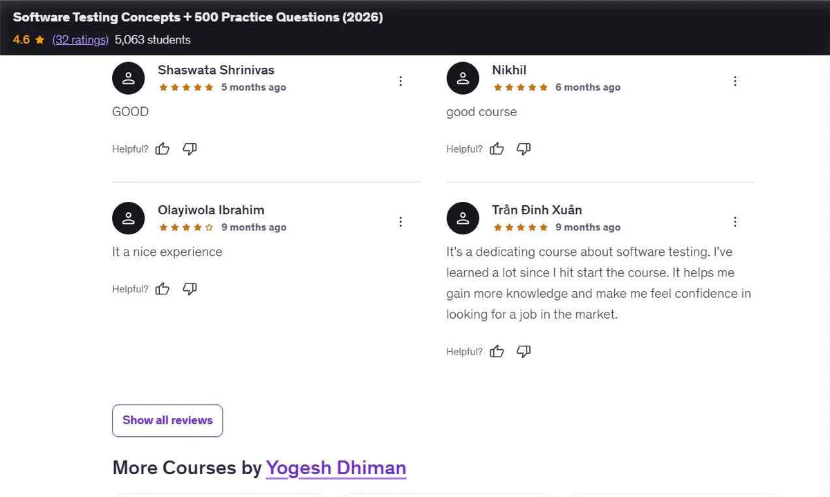 Student reviews and ratings for Software Testing Concepts course, showing positive feedback and star ratings.