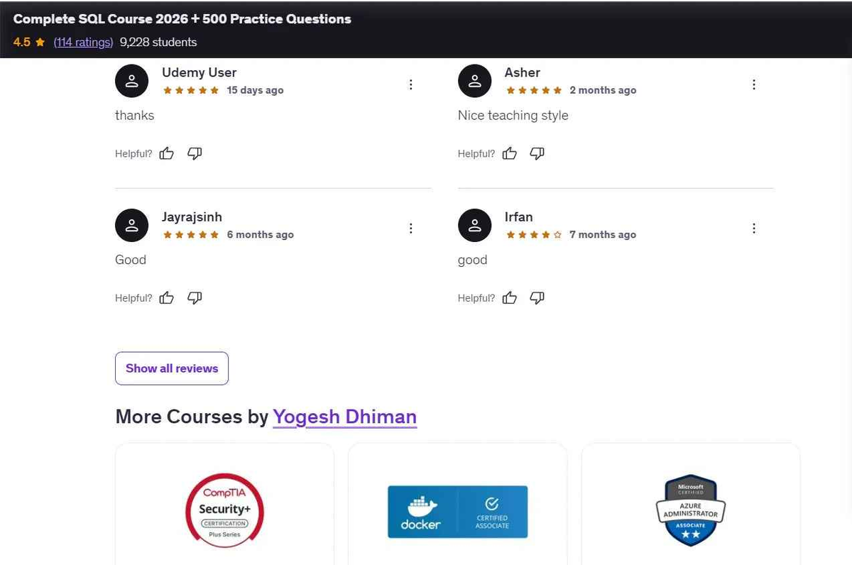 User reviews and ratings for a Complete SQL Course with student feedback and related IT courses displayed.