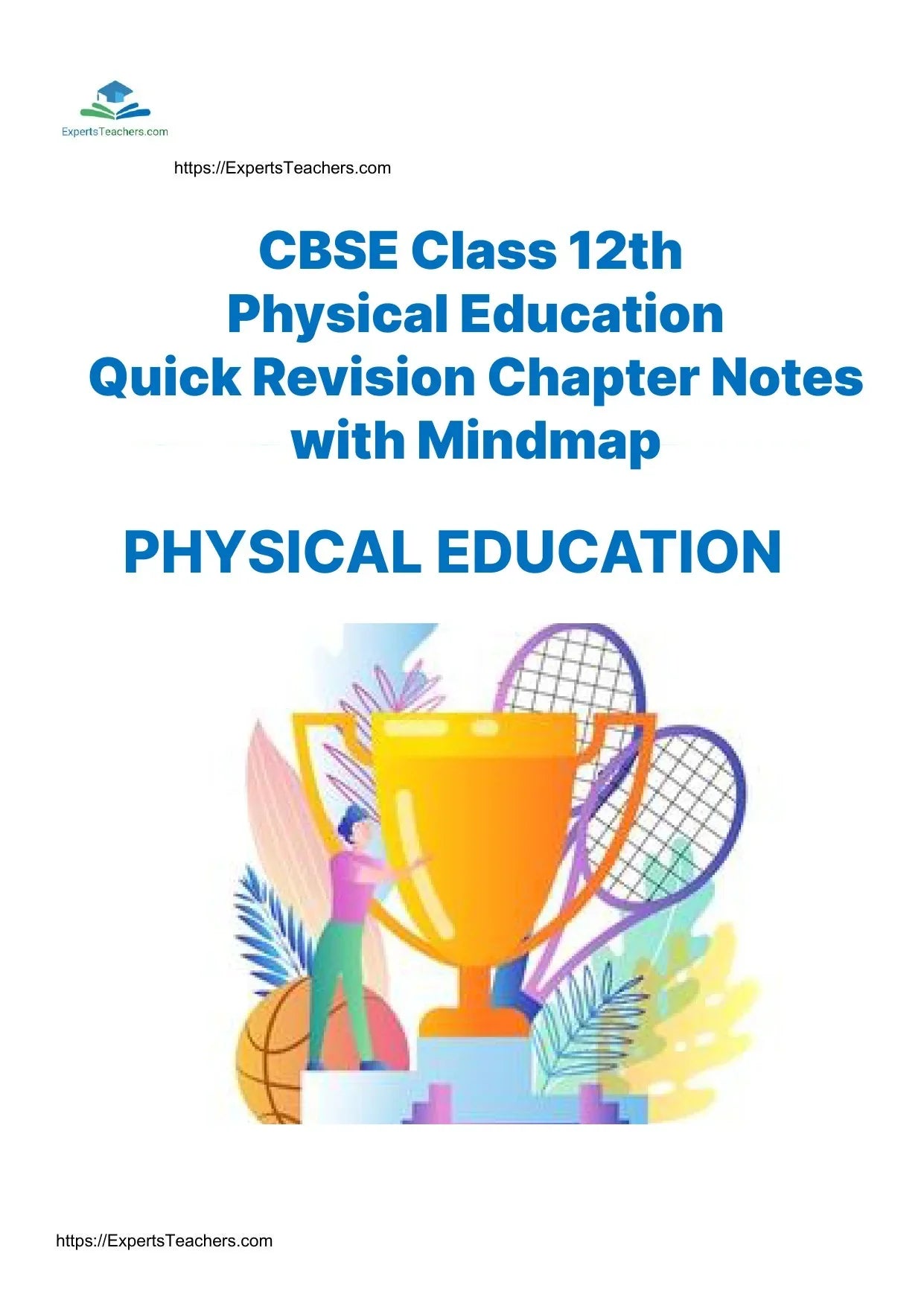 CBSE Class 12 Physical Education quick revision notes cover with trophy, rackets, and ExpertsTeachers logo