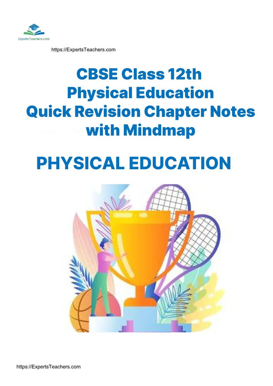 CBSE Class 12 Physical Education quick revision notes cover with trophy, rackets, and ExpertsTeachers logo